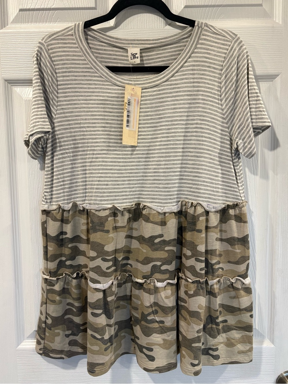 Sew In Love Gray White Striped Babydoll Top with Camouflage Size Small Oversized